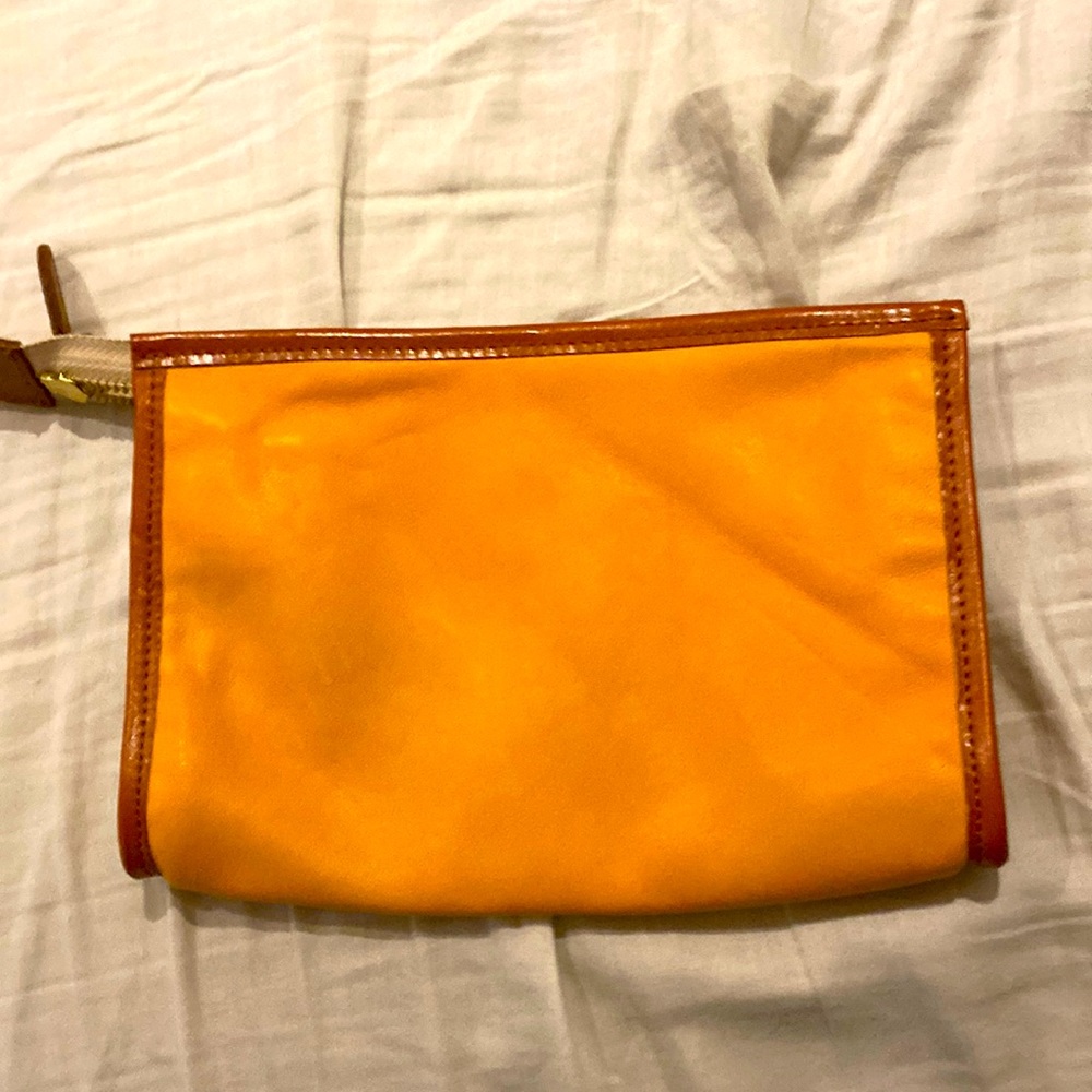 Beautiful lambskin caramel colored cosmetic bag or clutch with linen lining